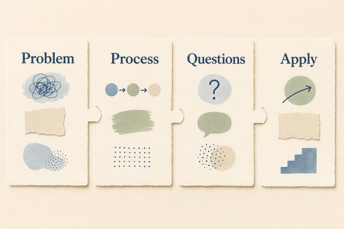 A four-week editorial map moving from problem to process, questions, and practical application