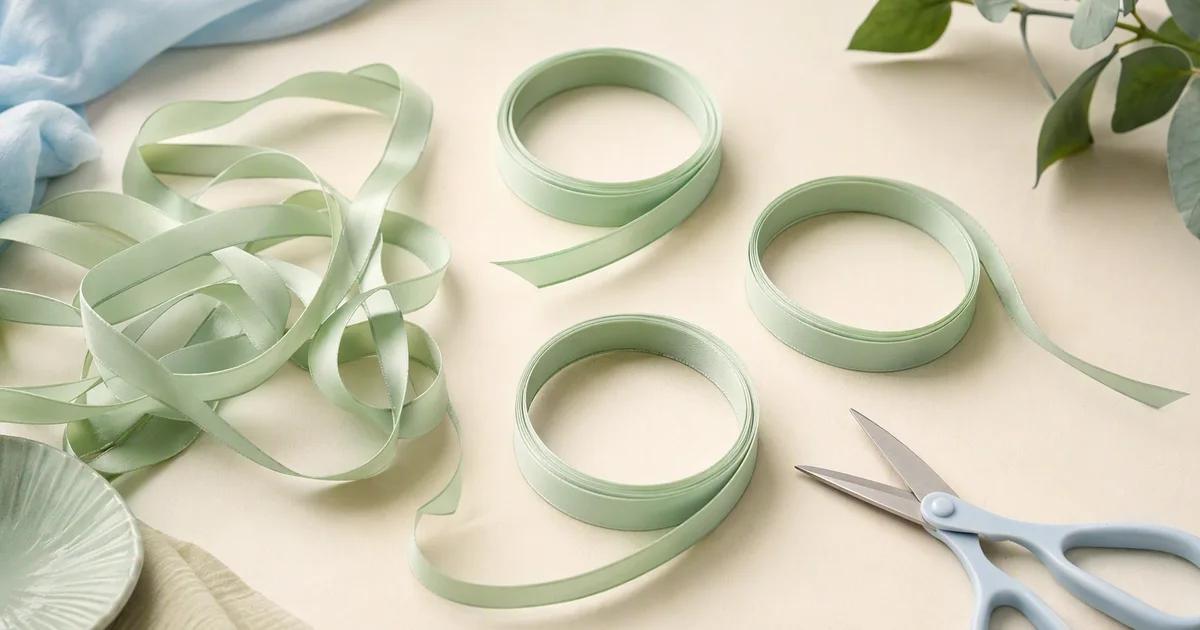 Several tangled mint ribbons being separated into three clean loops on an ivory table, with pale blue scissors resting nearby