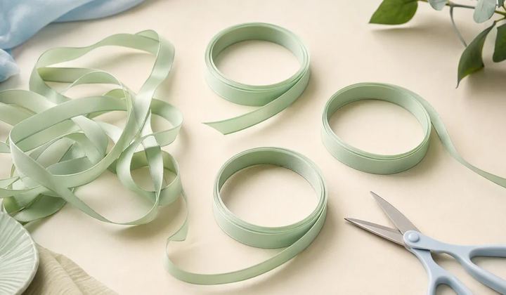 Several tangled mint ribbons being separated into three clean loops on an ivory table, with pale blue scissors resting nearby