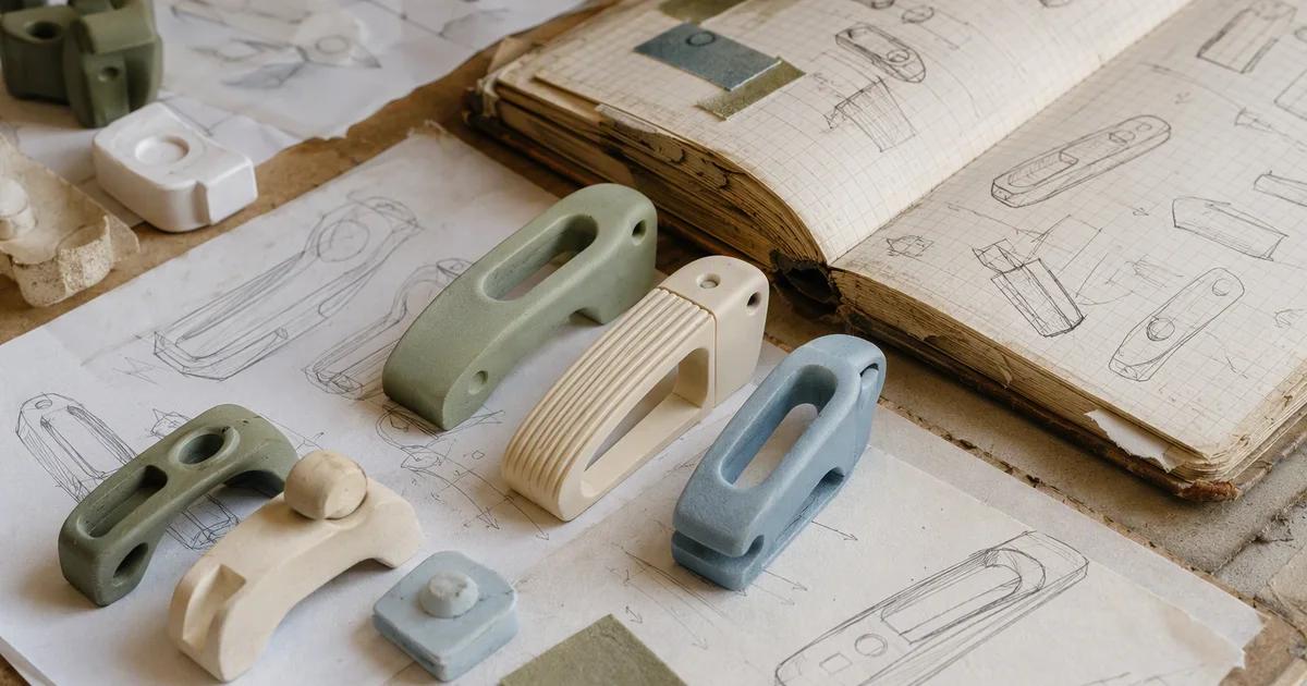 Annotated prototype iterations beside a worn work notebook.
