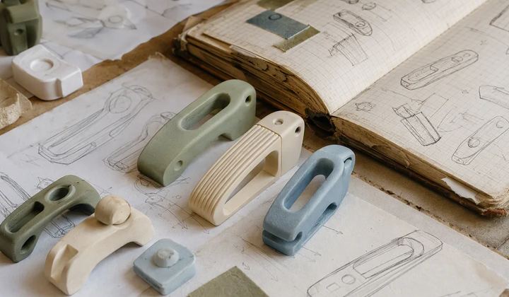 Annotated prototype iterations beside a worn work notebook.
