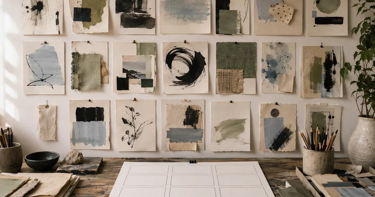 Original abstract mood boards above a workbench with a new blank storyboard.