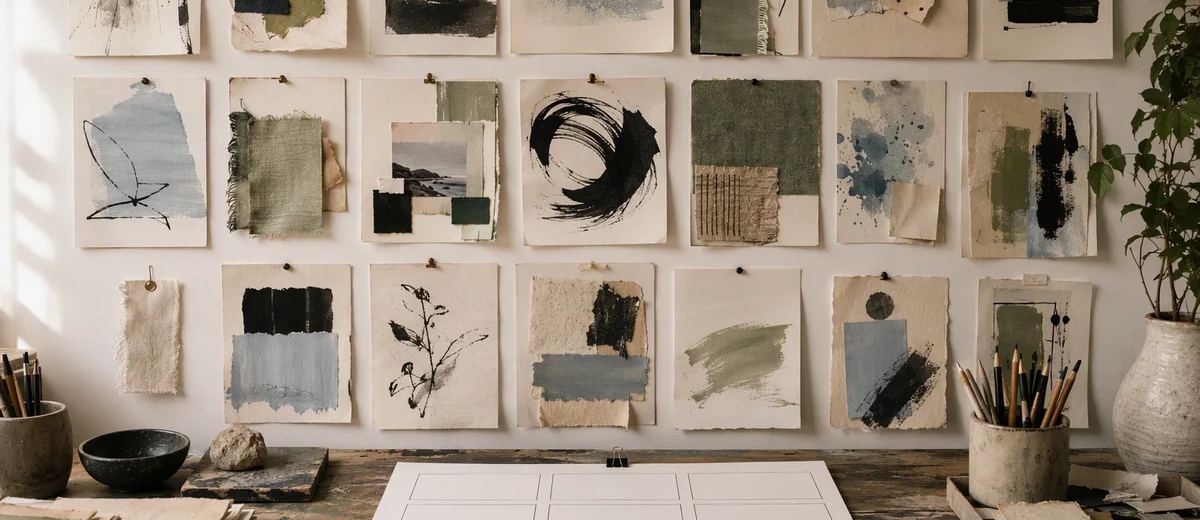 Original abstract mood boards above a workbench with a new blank storyboard.