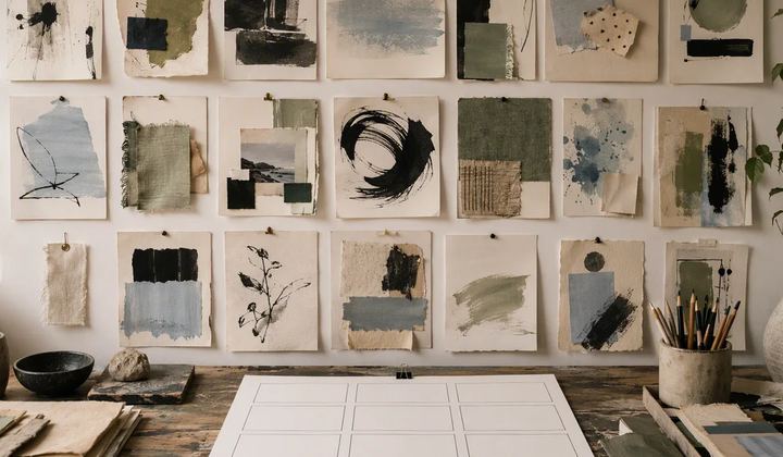 Original abstract mood boards above a workbench with a new blank storyboard.
