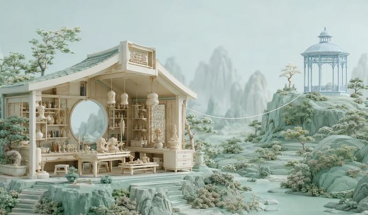 Two architectural models connected across a landscape to represent local and remote services.