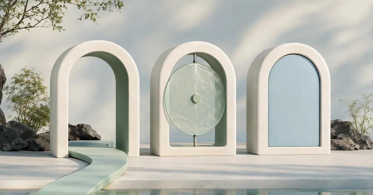 Three ivory archways with an open passage, a suspended glass disc, and a closed blue panel.
