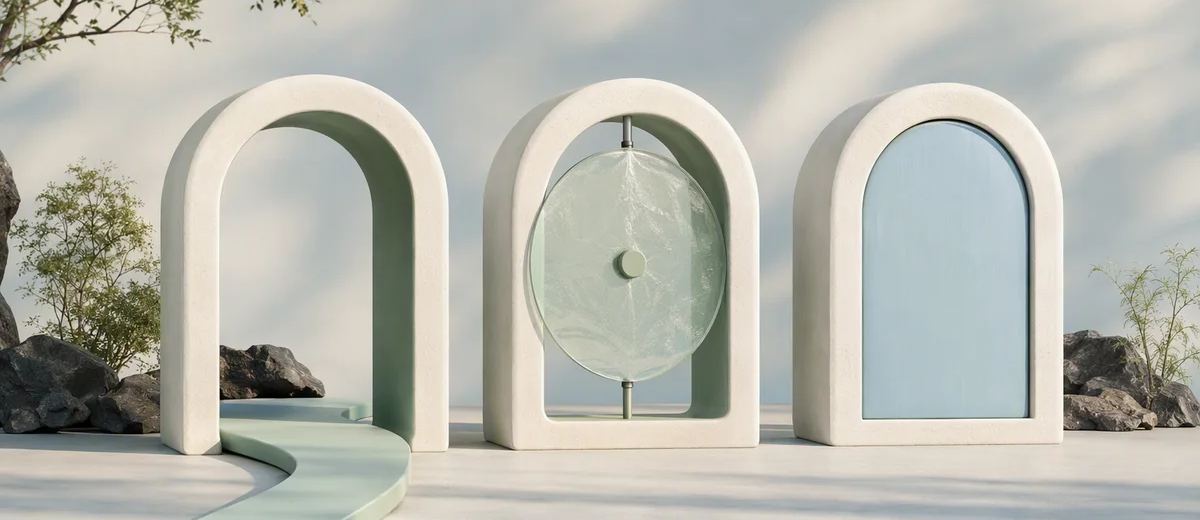Three ivory archways with an open passage, a suspended glass disc, and a closed blue panel.