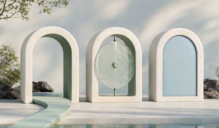 Three ivory archways with an open passage, a suspended glass disc, and a closed blue panel.