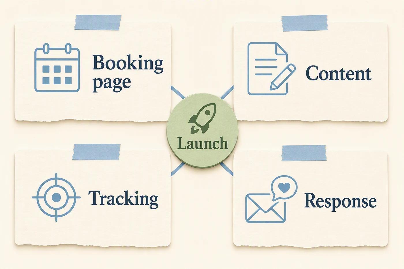 A launch readiness diagram linking the booking page, content, tracking, and response owner