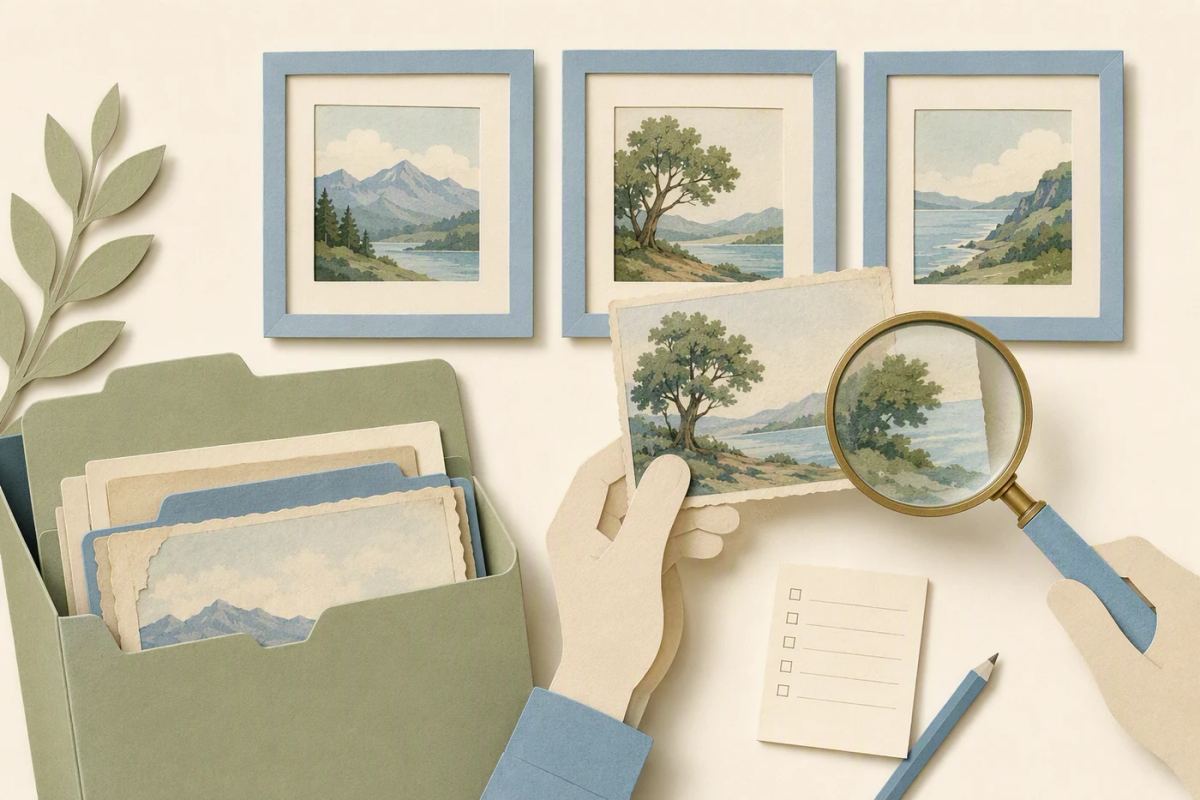 A stored paper card returns to a small gallery beside a checklist.