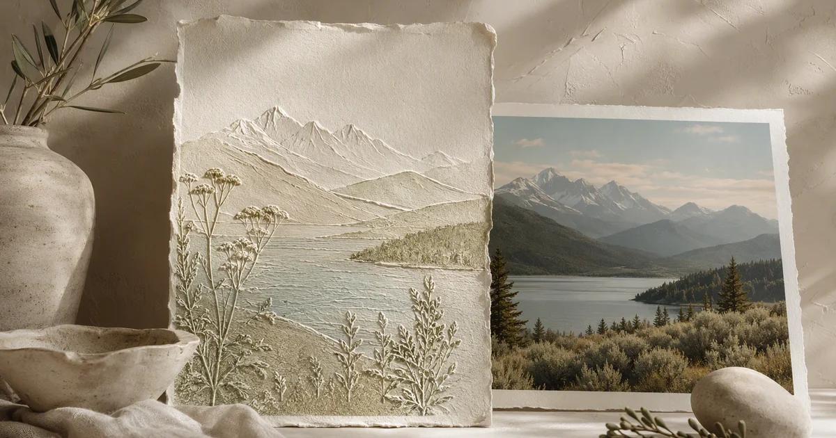 A tactile embossed landscape placed beside a matching photographic print.
