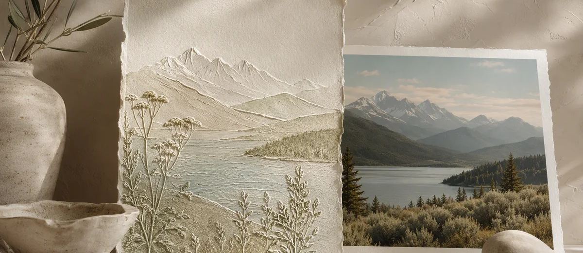 A tactile embossed landscape placed beside a matching photographic print.