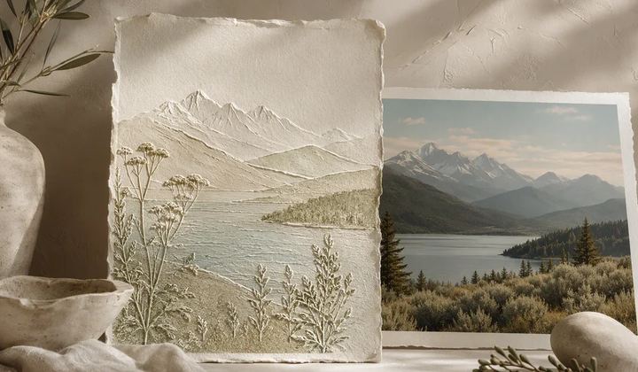 A tactile embossed landscape placed beside a matching photographic print.