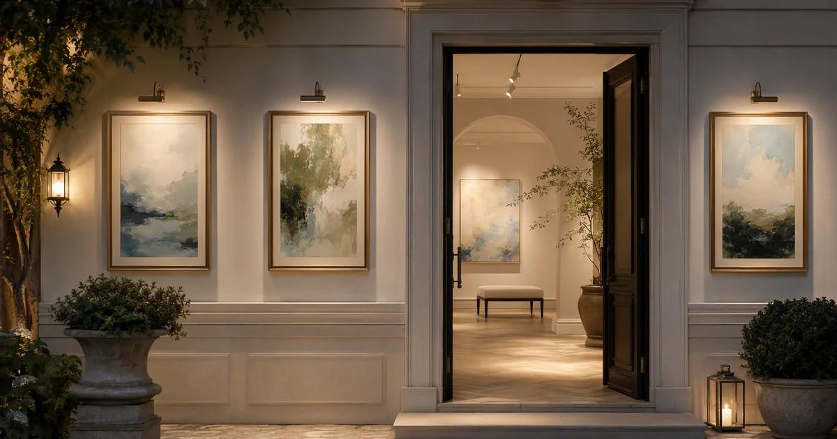 A gallery entrance with framed pictures leading toward an open doorway.