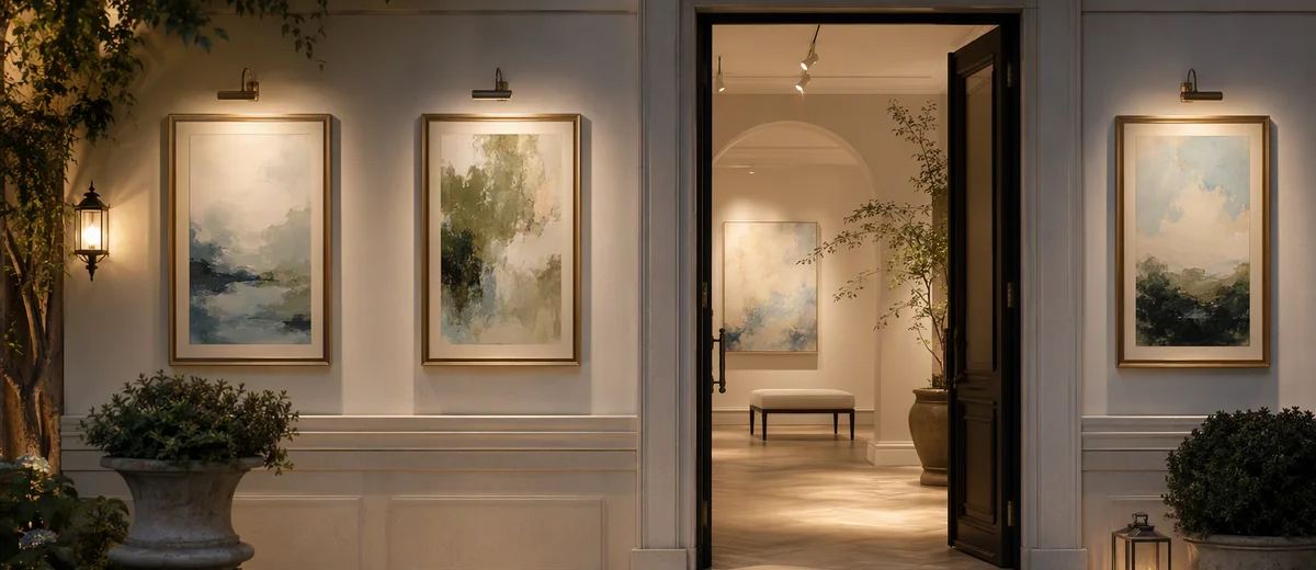 A gallery entrance with framed pictures leading toward an open doorway.