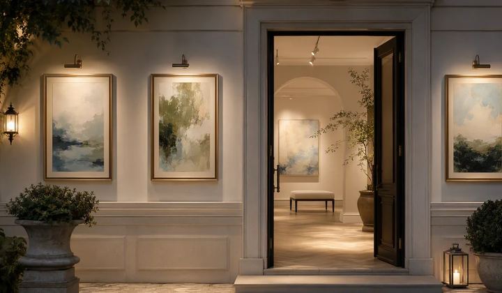 A gallery entrance with framed pictures leading toward an open doorway.