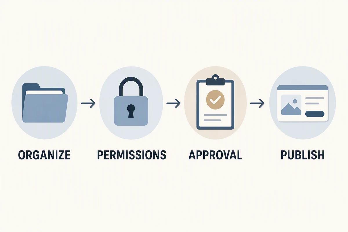 Keep brands organized, assign appropriate permissions, approve the correct version, and verify the publishing destination. AI-generated infographic.