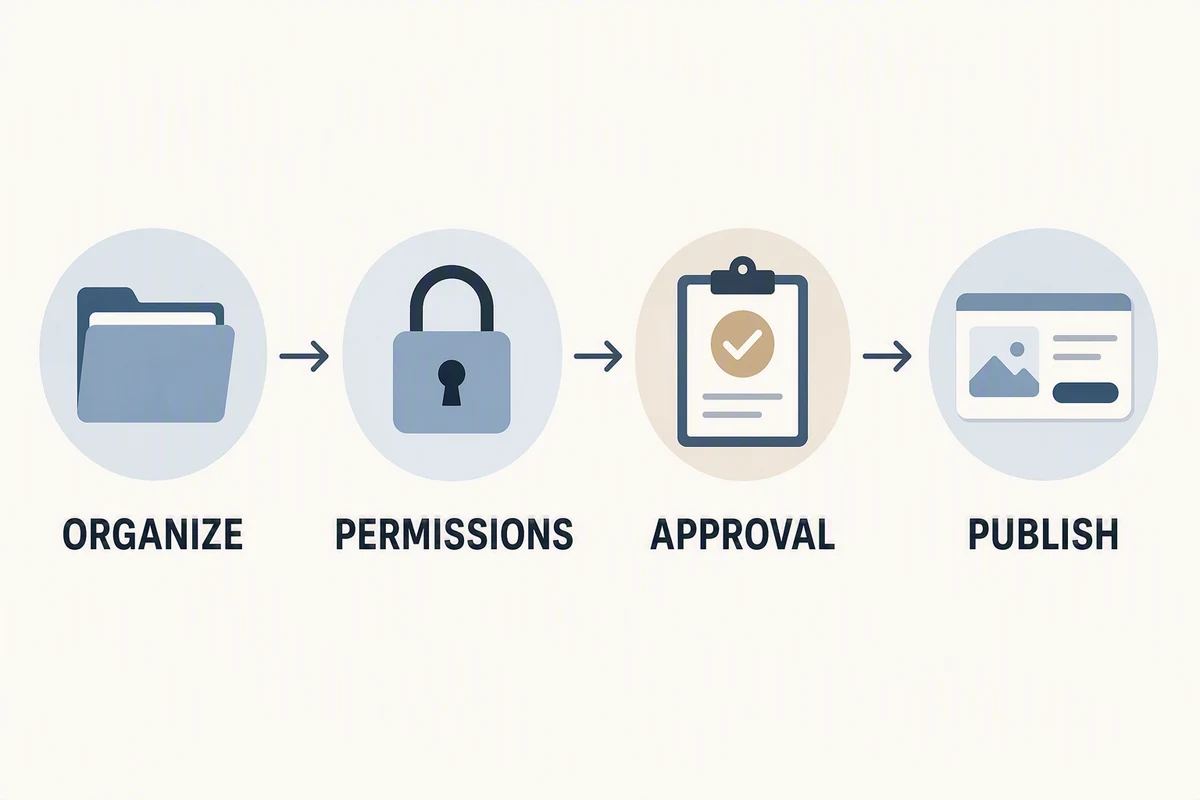 Keep brands organized, assign appropriate permissions, approve the correct version, and verify the publishing destination. AI-generated infographic.
