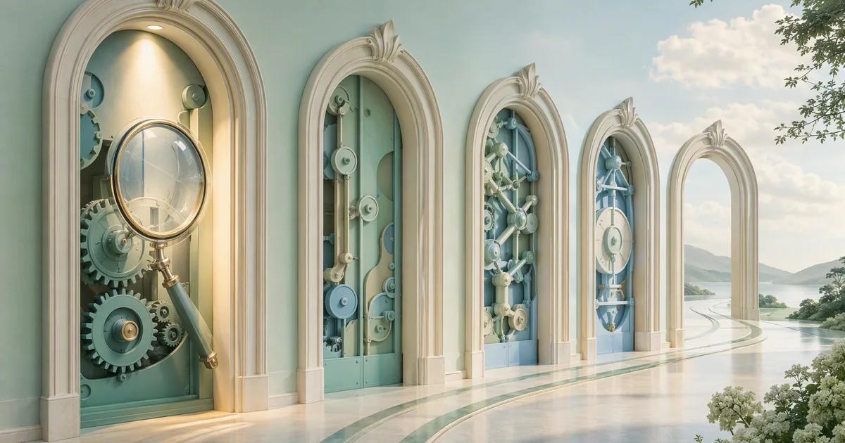 A magnifying glass highlights the first of several ivory arches containing mint and pale blue mechanisms.