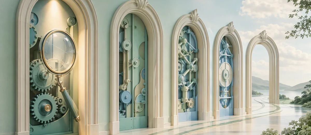 A magnifying glass highlights the first of several ivory arches containing mint and pale blue mechanisms.