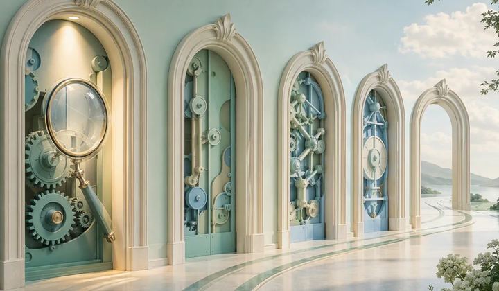 A magnifying glass highlights the first of several ivory arches containing mint and pale blue mechanisms.