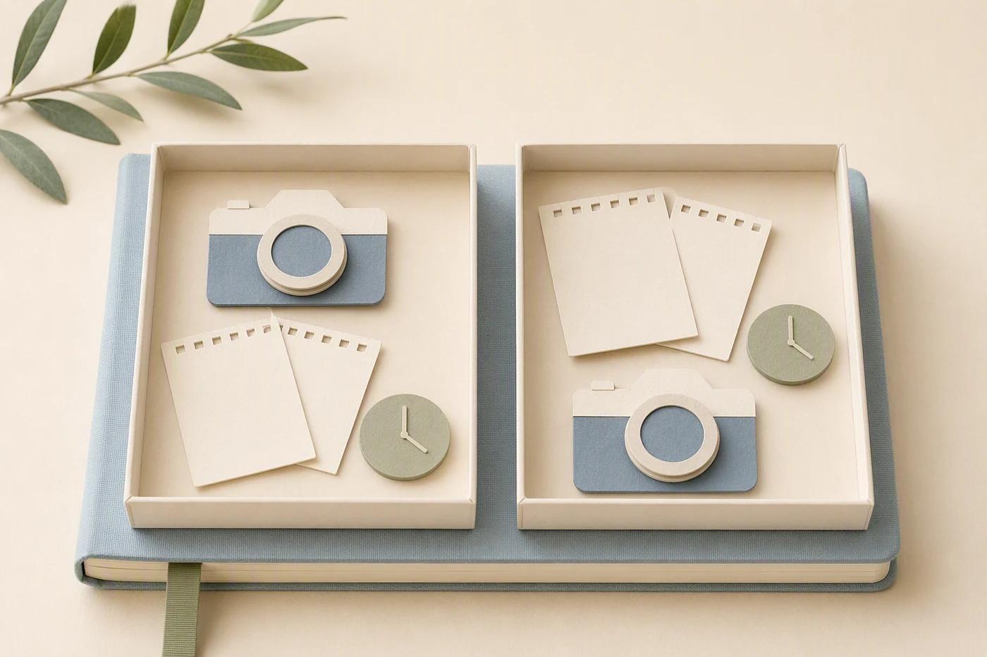 Two equally sized planning trays hold different combinations of a camera card, writing card, and time token.