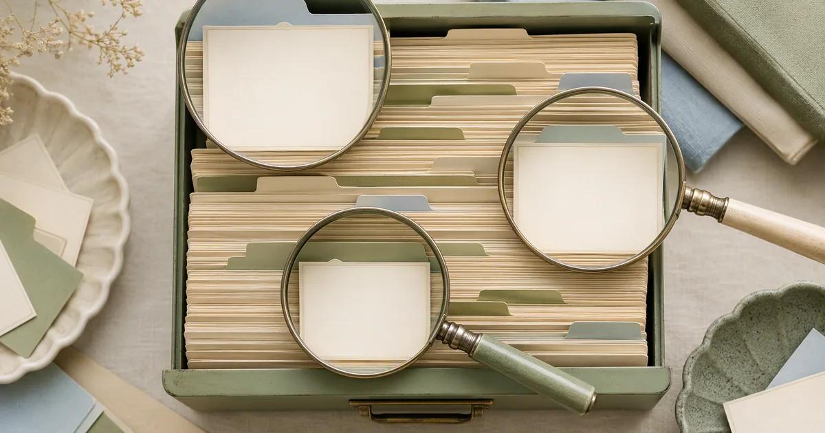 A sage card index with magnifying lenses isolating individual image cards.