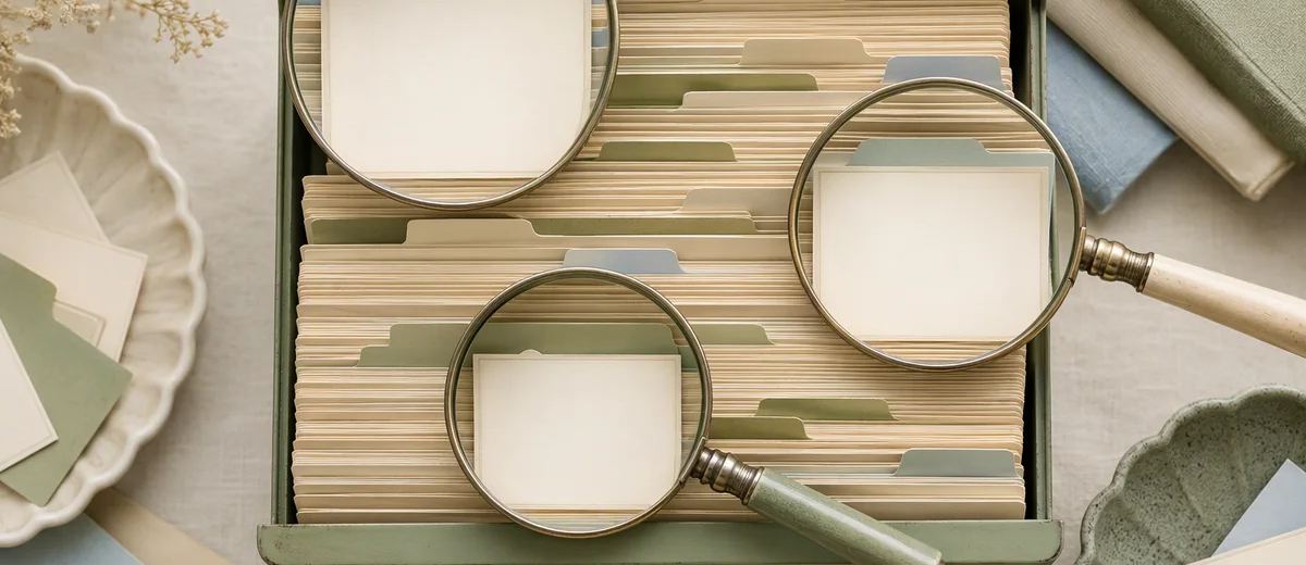 A sage card index with magnifying lenses isolating individual image cards.
