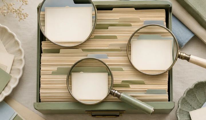 A sage card index with magnifying lenses isolating individual image cards.