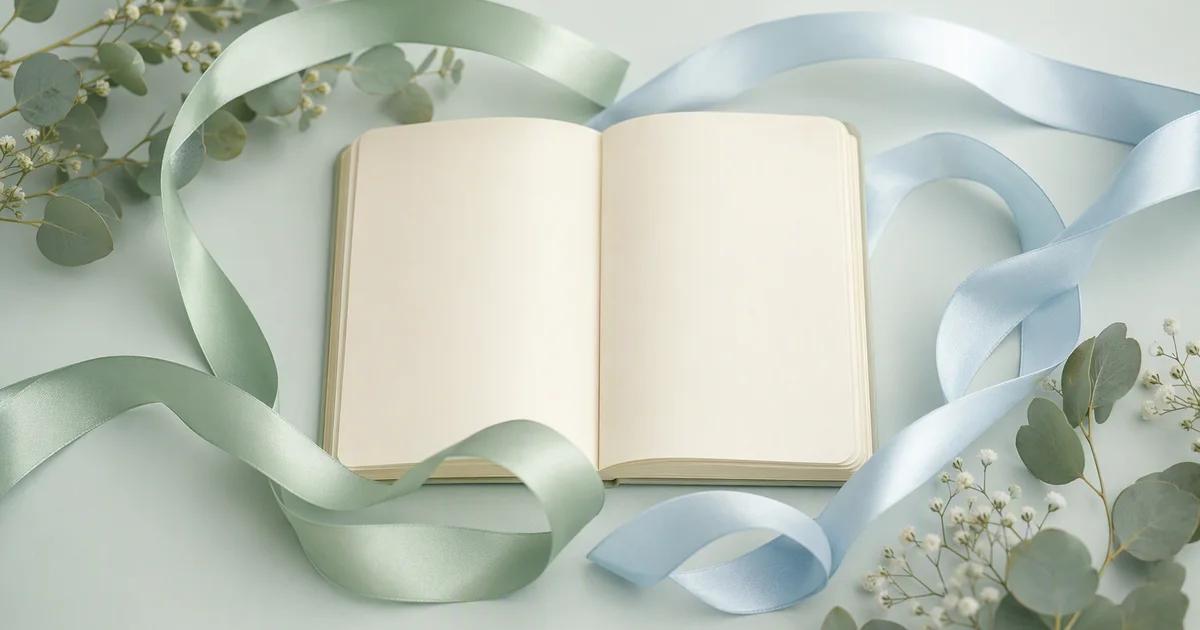 Two differently curved streams of mint and pale blue ribbon converging around an ivory open notebook with blank pages