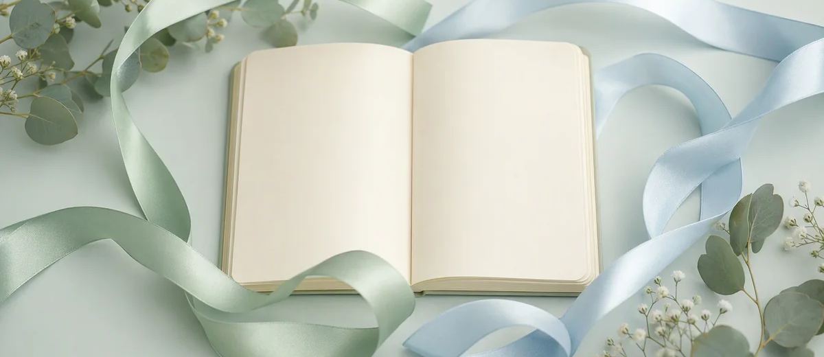 Two differently curved streams of mint and pale blue ribbon converging around an ivory open notebook with blank pages