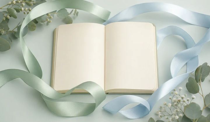 Two differently curved streams of mint and pale blue ribbon converging around an ivory open notebook with blank pages