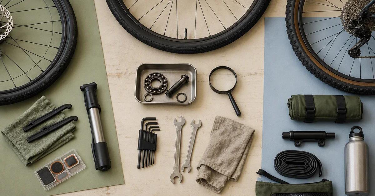 Three different bicycle wheels beside separate sets of practical repair tools.