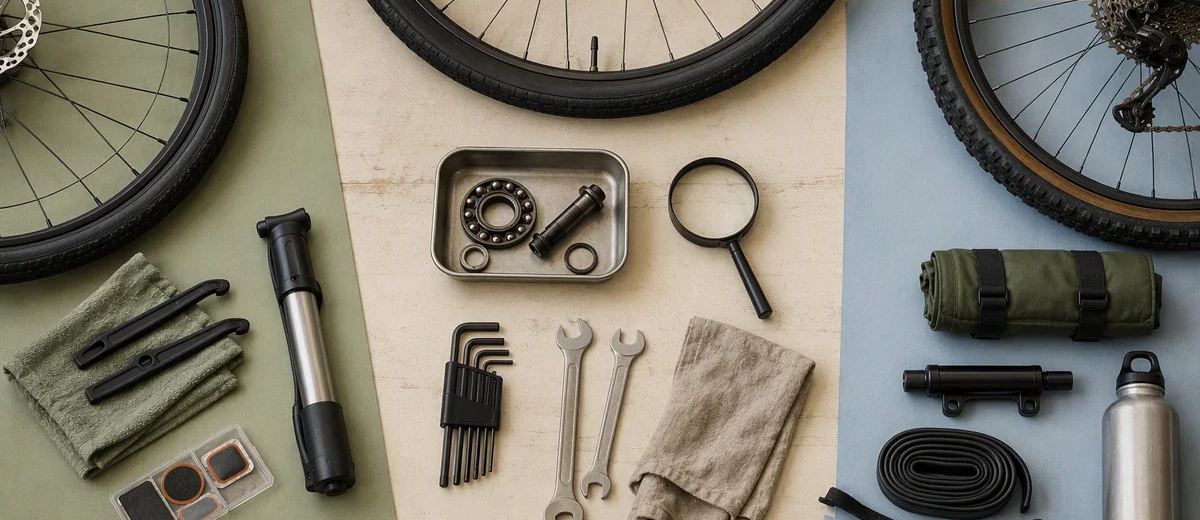 Three different bicycle wheels beside separate sets of practical repair tools.