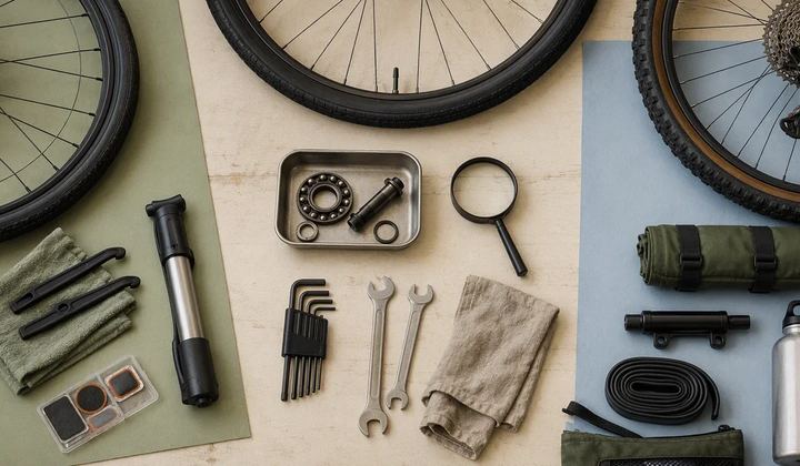 Three different bicycle wheels beside separate sets of practical repair tools.