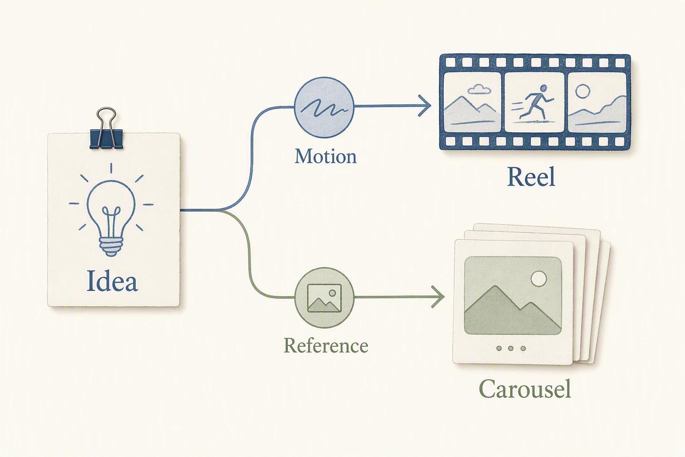 Decision diagram routes a content idea toward motion-led demonstration or self-paced reference.