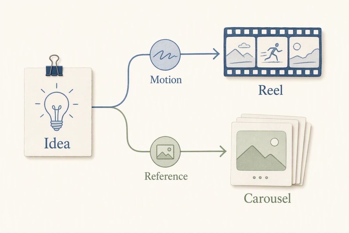 Decision diagram routes a content idea toward motion-led demonstration or self-paced reference.