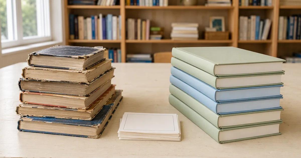 Worn books and neatly bound books stand in separate stacks beside blank cards in a reading room.