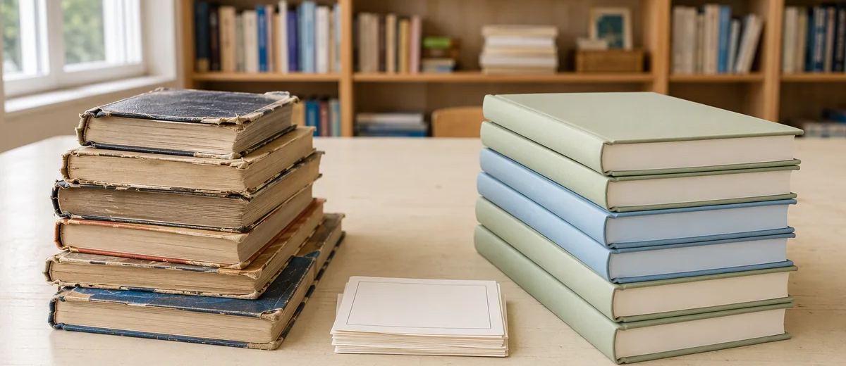 Worn books and neatly bound books stand in separate stacks beside blank cards in a reading room.