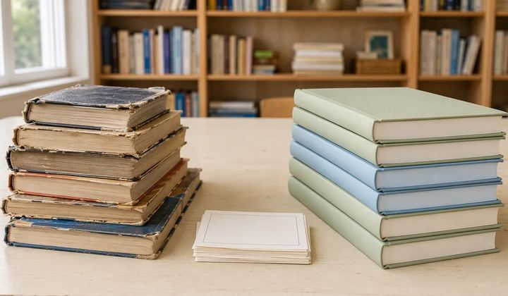 Worn books and neatly bound books stand in separate stacks beside blank cards in a reading room.