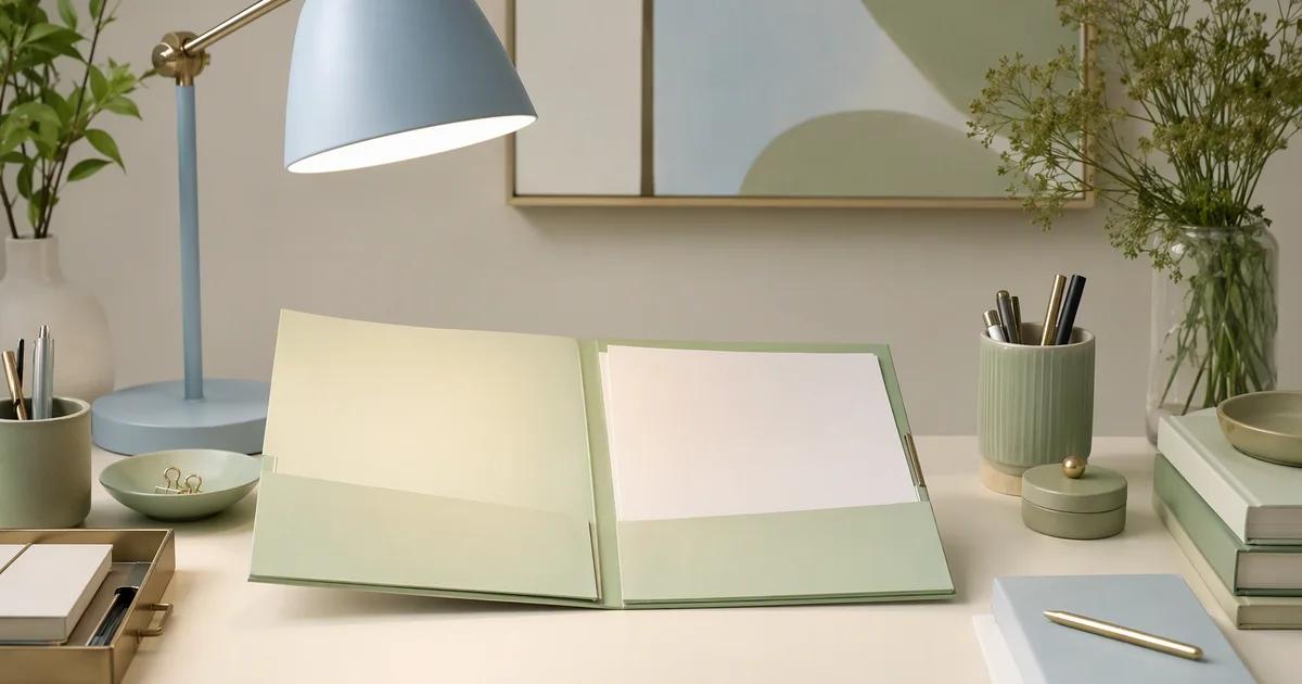 An ivory work desk with one mint task folder open under a pale blue lamp, with surrounding tools neatly set aside