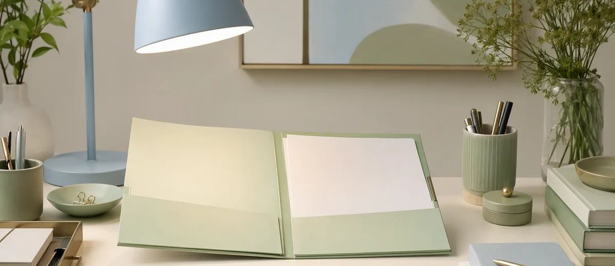 An ivory work desk with one mint task folder open under a pale blue lamp, with surrounding tools neatly set aside