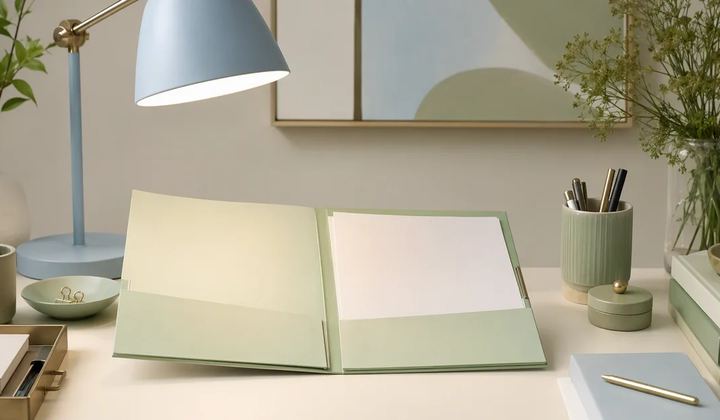An ivory work desk with one mint task folder open under a pale blue lamp, with surrounding tools neatly set aside