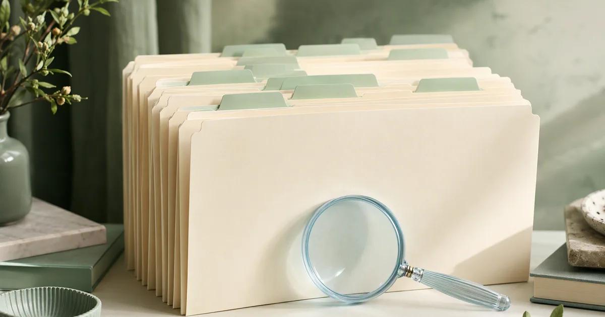 A carefully arranged archive of ivory folders with mint tabs and one pale blue glass magnifier, photographed in soft side light