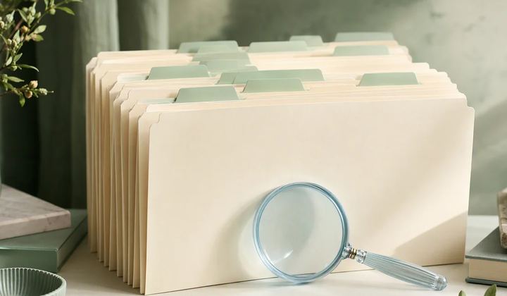 A carefully arranged archive of ivory folders with mint tabs and one pale blue glass magnifier, photographed in soft side light