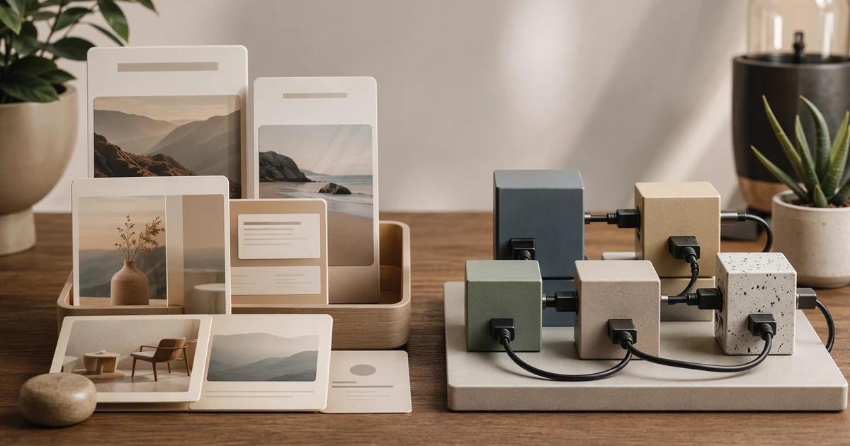 AI-generated conceptual cover: A professional editorial still life comparing a clean hosted publishing workspace represented by finished content cards with a modular technical toolkit represented by neatly connected blocks. Both sides equally polished and useful, no winner, software screenshots