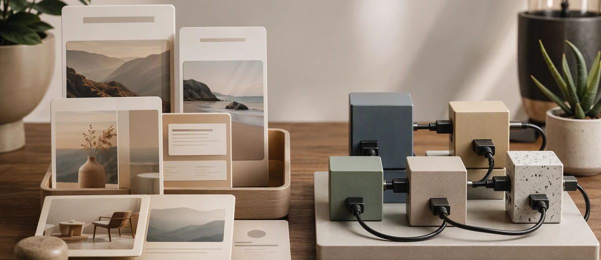 AI-generated conceptual cover: A professional editorial still life comparing a clean hosted publishing workspace represented by finished content cards with a modular technical toolkit represented by neatly connected blocks. Both sides equally polished and useful, no winner, software screenshots