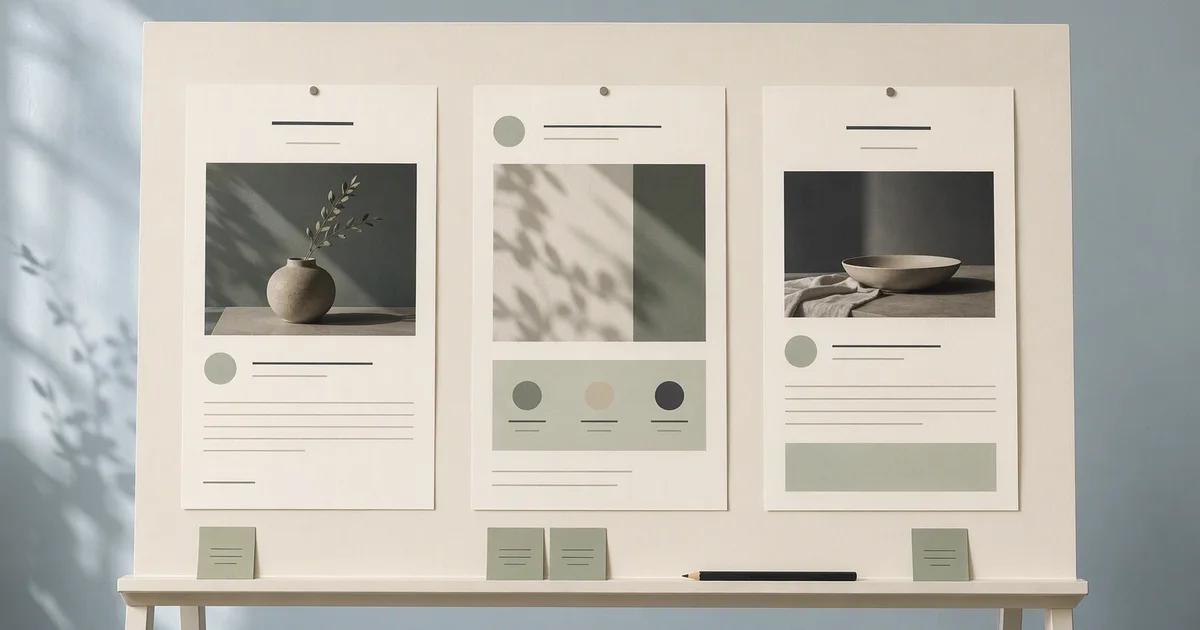A presentation board displays three social post mockups with product images, abstract text lines and small sage note cards.