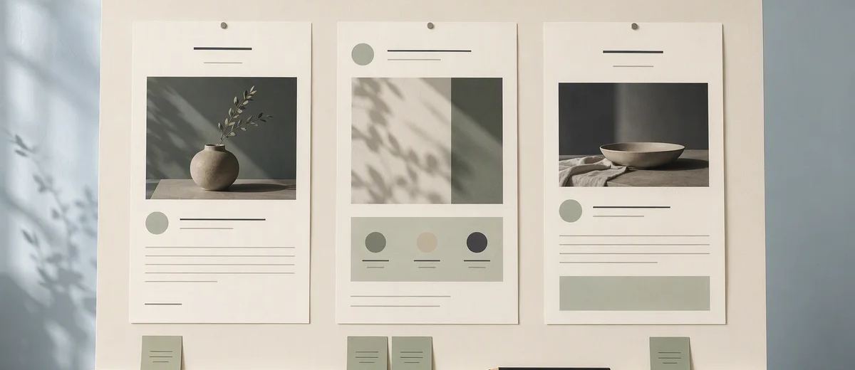 A presentation board displays three social post mockups with product images, abstract text lines and small sage note cards.