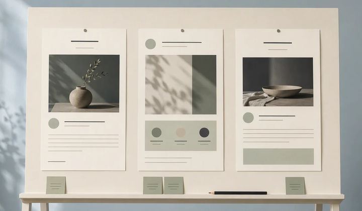 A presentation board displays three social post mockups with product images, abstract text lines and small sage note cards.